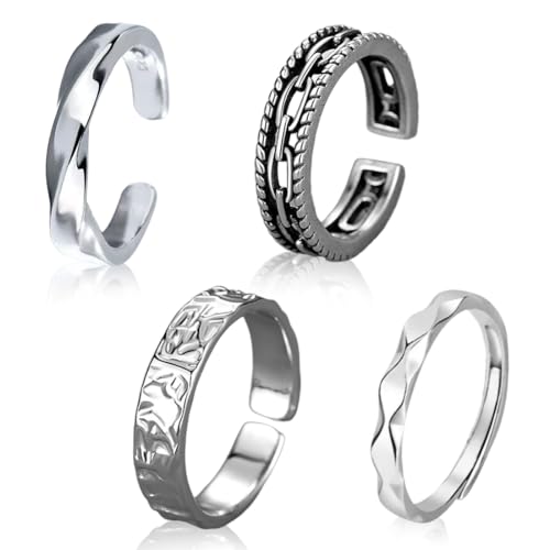 VEOIRXU 4 Stück Herren Ring Vintage Ringe Verstellbare Geschnitzte Ringe für Männer Hip Pop Offene Gothic Punk Klassischer Daumenring Fidget schmuck für Herren Damen (Silber)
