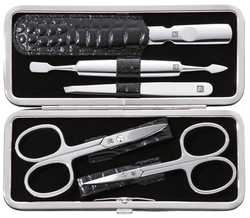 ZWILLING Maniküre-Set (5 teilig, für Pflege der Finger- und Fußnägel, Echtleder Etui mit Metallrahmen), Edelstahl Poliert, Kroko Edition, Schwarz