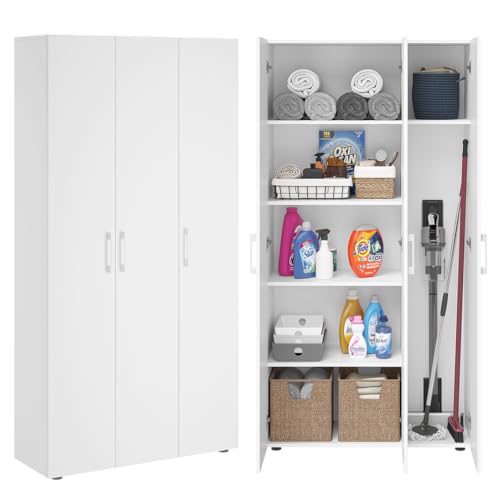 Bellamio Apol Mehrzweckschrank Weiß – Besenschrank 90 cm breit mit Stauraum – Putzschrank mit Staubsaugerfach – Vorratsschrank Küche - Aktenschrank aus Holz - Flurschrank – Aufbewahrungsschrank