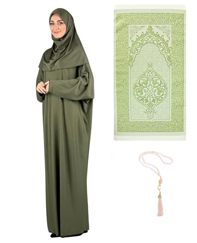 Prien Frauen Gebetskleidung Mit Hijab Gebetsperlen Gebetsteppich, Damen Muslim Kleidung, Islam Abaya Set, Ferace Tesettür Giyim, Islamische Langarm Kleid, Kopftuch, Gebetskleid Für Ramadan (Khaki)
