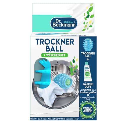 Dr. Beckmann Trocknerball | Für frische und kuschelig-weiche Wäsche | Mit Wäscheduft befüllbar | Verkürzt die Trockenzeit | inkl. Gratis-Probe Spring | 50 ml