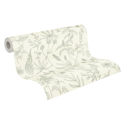 A.S. Création Vliestapete 10,05 m x 0,53 m mit strukturiertem Blütenmuster - Grün, Silber, Weiß - florale Tapete mit Metallic-Akzenten Made in Germany - 373635