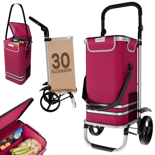24MOVE® Einkaufstrolley Vehlo klappbar mit 55L inkl. Kühlfach, Faltbarer 3in1 Trolley - Sackkarre und Tasche, bis 30kg belastbar, rot