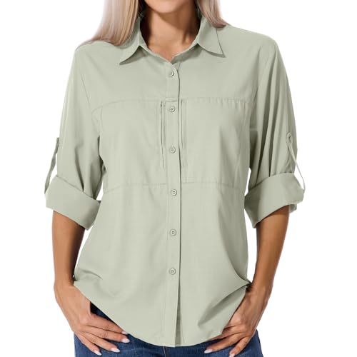 Asfixiado Shirts Damen UV Shirt UPF 50+ Safari Kleidung Wanderbluse Damen Hemdbluse Outdoor Atmungsaktiv Quick Dry Sonnenschutz Langarmshirt Bluse（5087 Light Khaki L）