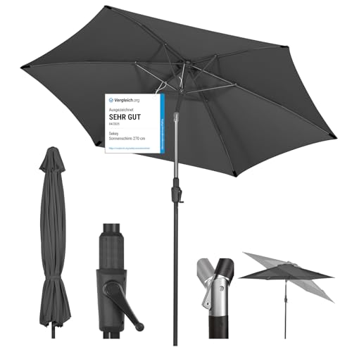 Sekey® 270cm Sonnenschirm mit Kurbel und Auto Kippen, Marktschirm für Terrasse,Balkon & Garten, Windfest Stabil UPF 50+,Grau,Rund