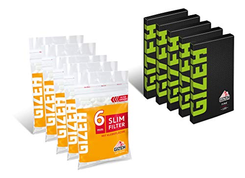 Gizeh 5 x Black Fine Grüne Schrift Papers 100 Blättchen + 5 x Slim Filter 6 mm Klebefläche TTNS54HU217