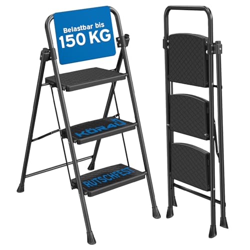 kör4u Trittleiter 3 Stufen - 150 kg belastbar - Standhöhe ca. 75 cm, klappbar, rutschfeste Stufen, Stahlrahmen, Haushaltsleiter, schwarz