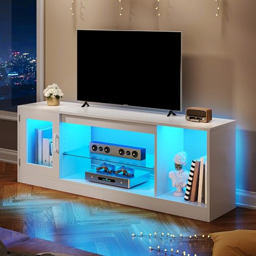 YITAHOME TV Schrank, TV Lowboard LED Weiß - Fernsehschrank Fernsehtisch mit RGB-LED-Leuchten Lowboard und Glasregal Fächern für 65 Zoll & kleinere TVs,für Wohnzimmer Schlafzimmer, B148 x H51 x T32 cm