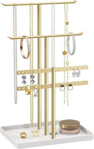 Schmuck Organizers, Schmuckständer 32cm Groß, 4 Ebenen Robust Schmuckaufbewahrung Reise, Schmuckschrank für Halskette, Armband, Parfüm und Ohrringe, Deko Aesthetic Accessoires, Gold/Weiß