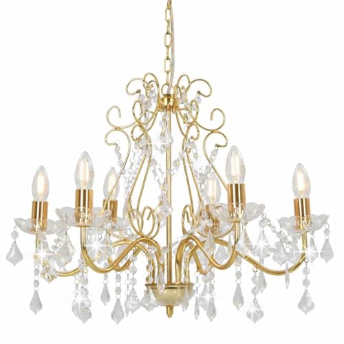 vidaXL Kronleuchter-Pendelleuchte, 6xE14 Lampen, 60x44 cm, goldener Metallfuß mit Acryl-Kristallperlen, elegante moderne Hängeleuchte für Schlafzimmer & Wohnzimmer
