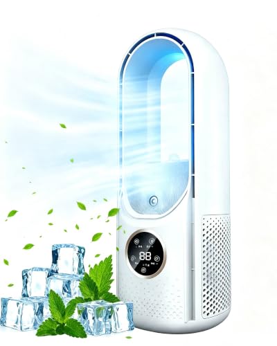 Blattloser Tischventilator, 6 Stufen Windgeschwindigkeit, USB Turmventilator mit Luftbefeuchter Timer LED Licht, Leiser Rotorloser Ventilator Touch Bedienung, für Schlafzimmer Büro Home Office