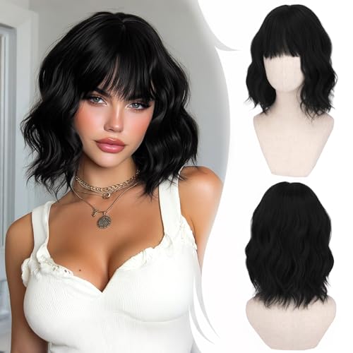 RUWISS Kurze Gewellt Bob Perücke mit Pony Damen Natürlich Schwarz 35 cm Synthetische Lockige Haare Perücken für Cosplay Tägliche Party Halloween