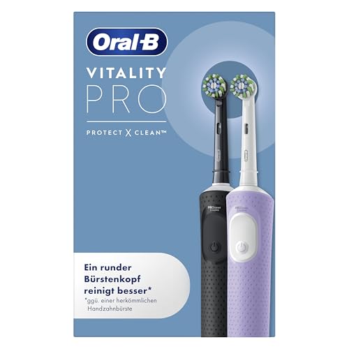 Oral-B Vitality Pro Elektrische Zahnbürste Doppelpack — Electric Toothbrush, Inkl. 2 Aufsteckbürsten — 3 Putzmodi für Zahnpflege, Zahnbürste Elektrisch, Designed by Braun, Schwarz und Lila