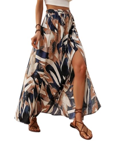 EIRUKON Rock Damen Lang Elegant Röcke Bedruckter Maxirock Sommerrock mit Schlitz A Linie Sommer Maxi Skirt Elastische High Waist Strandrock Freizeitrock,Braun,M
