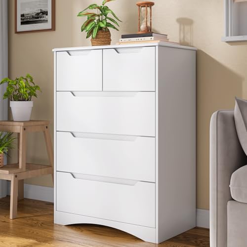 Blishom Kommode mit 5 Schubladen, Kommodenschrank, Schlafzimmerkommode, Moderner Aufbewahrungsschrank für Schlafzimmer, Büro, Wohnzimmer und Flur, 72x41x94 cm, Weiß