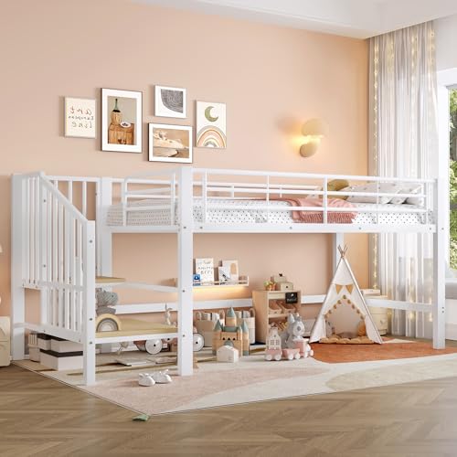 Gxffipw Hochbett Kinderbett, Bett 90x200 cm mit Treppe und Rausfallschutz, Einzelbett Etagenbett mit Handlauf, Jugendbett Metallbett Bettrahmen mit Metallgerüst, Weiß, Ohne Matratze