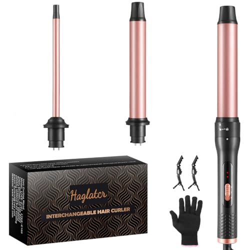 Haglater Lockenstab 3 in 1 Multifunktions Austauschbare Keramikbeschichtung Curling Iron, Lockenstäbe mit Verschiedenen Aufsätzen Große und Kleine Locken, Welleneisen für Beach Waves