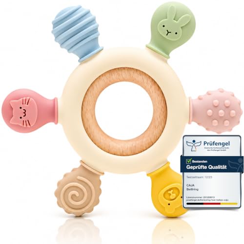 CAJA Beißring Baby Zahnungshilfe Beißspielzeug und Babyspielzeug | Aus Silikon & Holz gefertigt | BPA-frei | Fördert Greifen, Sensorik & Motorik | Geschenk zur Geburt