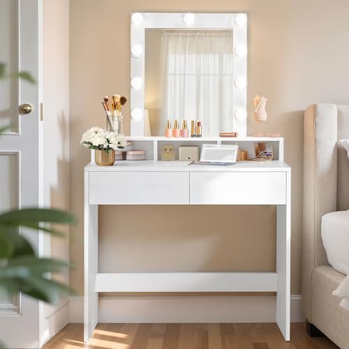 VASAGLE Kailyn Kollektion - Schminktisch mit LED-Beleuchtung, einstellbare Helligkeit, Frisiertisch mit Spiegel, Kosmetiktisch mit 2 Schubladen und 3 offenen Fächern, weiß RDT114W01