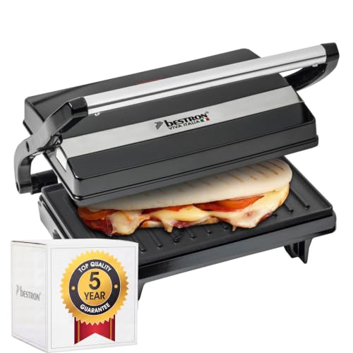 Bestron elektrischer Kontaktgrill mit Auffangschale, Sandwichmaker mit Cool-Touch-Handgriff, Paninimaker mit Antihaftbeschichtung, 700 Watt, APM123Z, Farbe: Schwarz, 22,5 x 14 cm