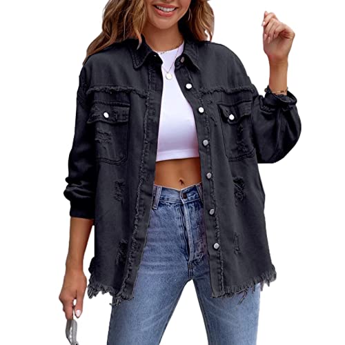 Awoyep Oversized Jeansjacken für Damen, Lose, Langärmlige Jean Jacke mit Modischer Zerrissenheit, Lässige Basic Jeansjacke mit Lange Casual Waschung (Color : Schwarz, Size : S)