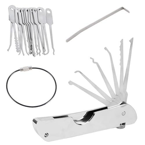 JAWUZ 20 in1 Schlüssellochsperrer türöffnungswerkzeug schlüsseldecoder Lockpicking Set profi steinschleuder Vorhängeschloss für Anfänger und Profis(Silber)