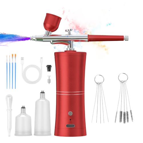 Kabelloses Airbrush-Set mit Kompressor, Tragbares Akku-Airbrush Kit Wiederaufladbar Handheld Airbrushpistole + Reinigungszubehör für Make-up, Nageldesign, Kuchendekoration & Modellbemalung(Rot)