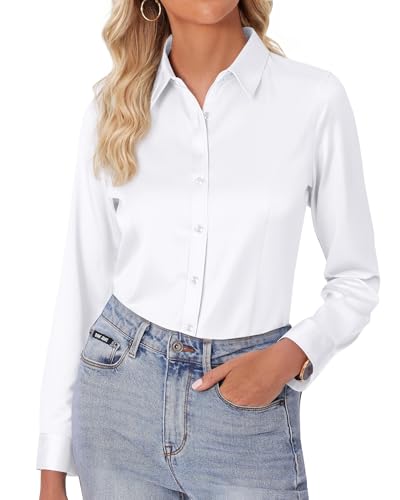 siliteelon Damen Bluse Bügelfrei Weiß Regular fit Oberhemden Frauen Unifarben Weiss Stretch Freizeithemden Businesshemd Anzug Hemd Hochzeit,M
