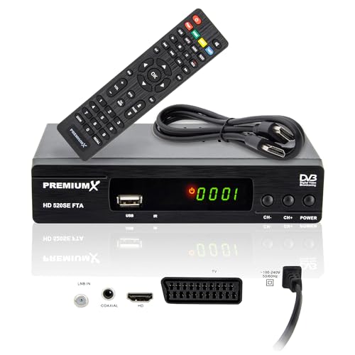 PremiumX Satelliten-Receiver HD 520SE FTA Digital SAT TV Receiver DVB-S2 FullHD HDMI SCART 2X USB Multimedia-Player, Astra Hotbird vorprogrammiert