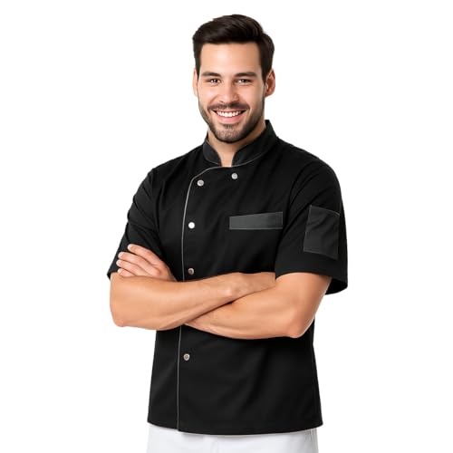 Clinotest Herren Kochjacke Kurzarm – 95°C waschbar & kochfest, Bäckerjacke mit Druckknopfverschluss, 65% Polyester, 35% Baumwolle, Pflegeleichte Kochkleidung für Restaurant, Hotel & Gastronomie
