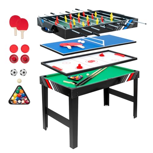 4-in-1 Multi Spieltisch, Multifunktionale Spieltische mit Tischkicker, Billard, Airhockey, Tischtennis, Multifunktionstisch Multiplayer Inkl. komplettem Zubehör, für Heimspielzimmer, Partybars, Kinder