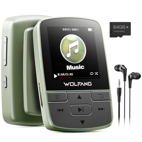 WOLFANG 64 GB MP3-Player mit Bluetooth 5.2, Sportclip, Mini-Größe, Gewicht 28,3 g, HiF-FM-Radio, Diktiergerät, Kopfhörer im Lieferumfang enthalten, Armeegrün