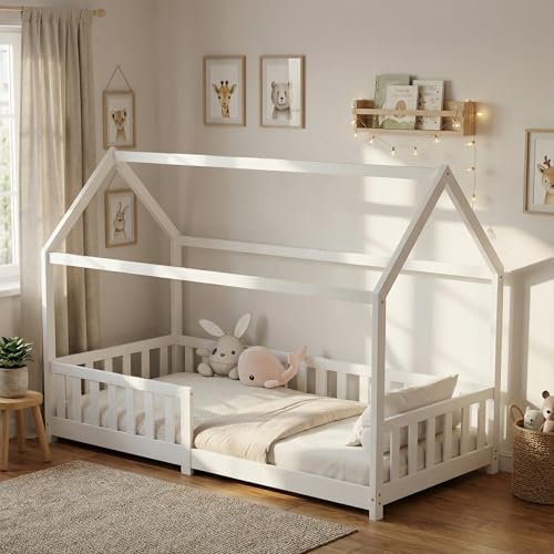 ecomi® Kinderbett 90x200 Bodenbett Kinder Bett Hausbett mit Rausfallschutz und Lattenrost für Kinder Kinderbetten für Mädchen und Jungen Massivholz Kiefer in Weiß