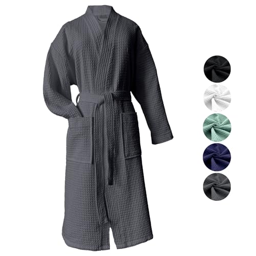 heimtexland ® Bademantel Waffelpique Reisebademantel Saunamantel 100% Baumwolle Oekotex leicht schnelltrocknend hautfreundlich für Damen und Herren Typ881 Anthrazit XL