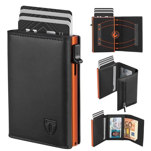 TEEHON Geldbörse Herren, Portmonee Herren mit Münzfach & RFID Schutz, Magnetischer Slim Wallet, Leder Portmonee, 7 Kartenetui, ID-Fenster - Schwarz Orange (Schwarz Orange)
