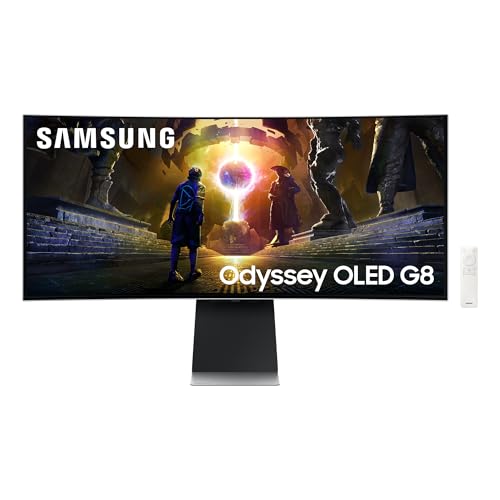 Samsung Odyssey G85SD Curved Gaming Monitor, 34 Zoll, Bildschirm mit QD-OLED-Panel, UWQHD, 3440 x 1440 Pixel, AMD Freesync Premium Pro, Reaktionszeit 0,03 ms, Bildwiederholrate 175 Hz, LS34DG850SUXEN