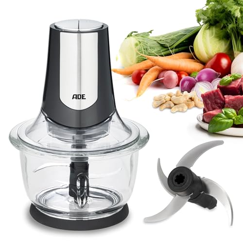 ADE Kraftvoller elektrischer Zerkleinerer | starker 500 W Motor | große 1,2 l Glasschüssel | 4 Edelstahlklingen | 2 Geschwindigkeiten | Zwiebeln, Gemüse, Fleisch | Zwiebelschneider
