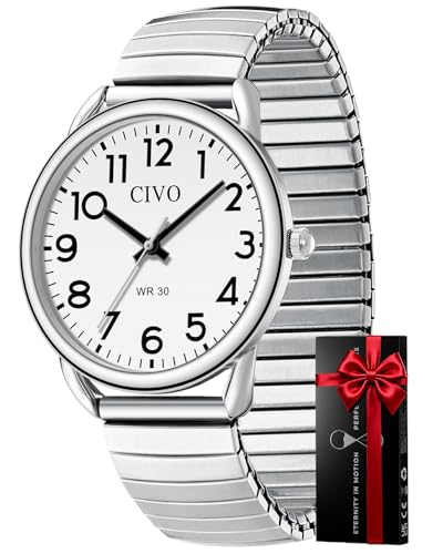 CIVO Gut Ablesbar Herren Uhren: Einfach Groß Ziffernblatt Armbanduhr - Wasserdicht Klassische Silber Analog Quarzuhr Geschenke für Senioren mit Sehschwäche