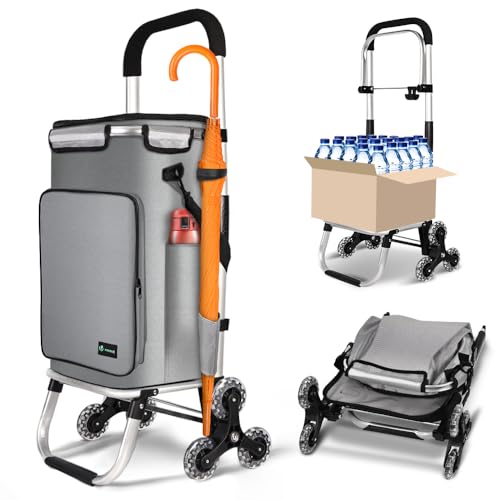 VOUNOT® Aluminium Einkaufstrolley Treppensteiger, 3 in 1 Trolly Einkaufswagen Klappbar, Hackenporsche mit Kühlfach und Haken, 6 Rädern & großer Kapazität, Wasserdicht, Grau