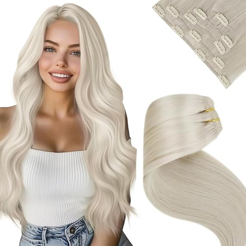 LaaVoo Clip in Extensions Echthaar Blond Clips in Extensions Platinblond Natürliche Echthaar Extensions Clips in Haarverlängerung Voller Kopf 5PCS 45cm 80g #60