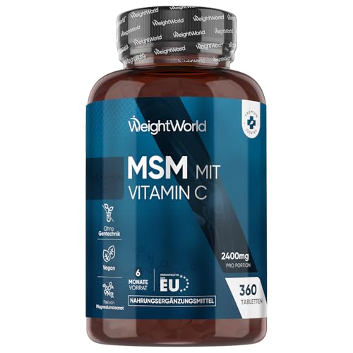 MSM Tabletten - 2400mg mit 100mg Vitamin C - 360 vegane Tabletten für 6 Monate Vorrat - Methylsulfonylmethan & Vit C - Alternative zu MSM Pulver & Kapseln - Frei von Magnesiumstearat - WeightWorld
