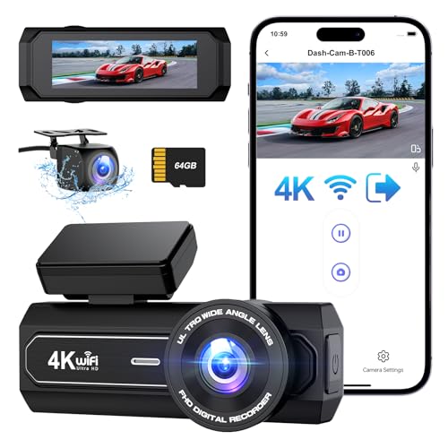 CHORTAU Dashcam Auto Vorne Hinten 4K+1080P, WiFi Dashcam Mit 64GB Card, Dash Cam Parküberwachung, Super Nachtsicht, WDR, 170° Weitwinkel, G-Sensor, Loop-Aufnahme, APP Steuerung, Max 256GB