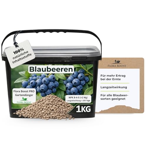Flora Boost PRO Blaubeer Dünger 1 kg I Langzeitdünger NPK 8-4-5 für Heidelbeeren & Beerensträucher I Granulat für kräftiges Wachstum, große Früchte & reiche Ernte