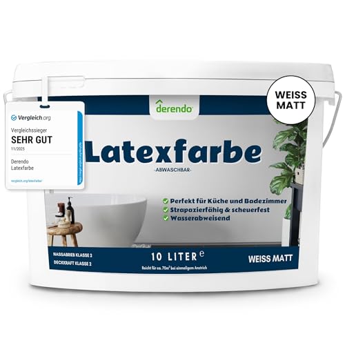 derendo Latexfarbe weiß matt abwaschbar 10 L für Innen Küche Badezimmer streichen weiße Wandfarbe hohe Deckkraft