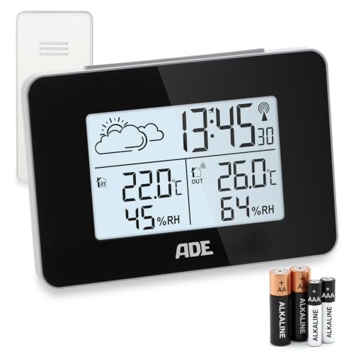 ADE Digitale Wetterstation Funk mit Außensensor | Innen und Außentemperatur | Luftfeuchtigkeitsmesser | animierte Wettervorhersage | Funkwecker mit Schlummerfunktion | schwarz