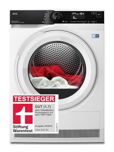 AEG Wärmepumpentrockner 8 kg, Testsieger der Stiftung Warentest, Serie 9000 AbsoluteCarePlus - Daunentrocknung, 3D-Scan Restfeuchteermittlung, C, Knitterschutz, Trommelbeleuchtung, TR9AMZ2024