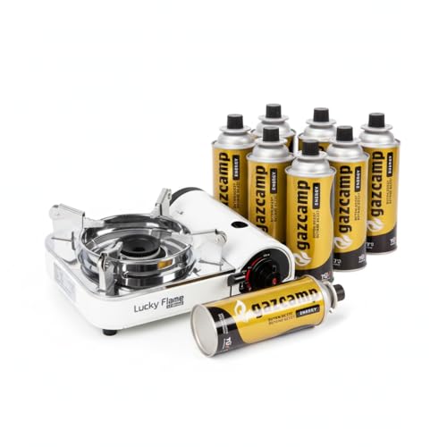Lucky Flame LF-90 Mini Gaskocher, 2200W, mit Butan MSF-1a Kartuschen-Option, Piezozündung, inkl. Tragekoffer (Gaskocher + 8 Kartuschen)