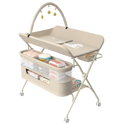 HUOLE Wickelstation mit Seitenkorb, höhenverstellbarer tragbarer Wickeltisch mit feststellbaren Rädern, multifunktionaler Aufbewahrungs-Organizer fürs Kinderzimmer,75 x 68 x 83–91 cm (B) Cremeweiß