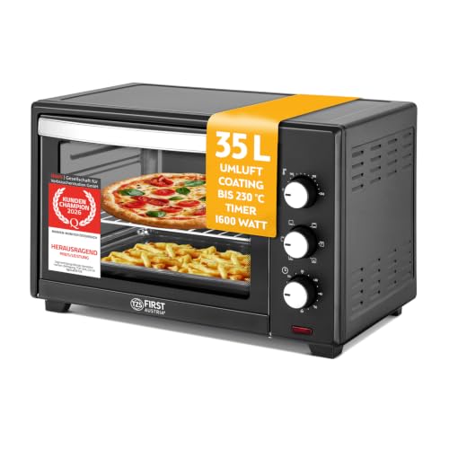 TZS First Austria - Minibackofen 35L 1600W - Mini Backofen Pizzaofen stufenlose Temperaturregelung bis 230°C & Antihaftbeschichtung - Miniofen 60 Min. Timer, 3 Einschubhöhen, Backblech & Grillrost
