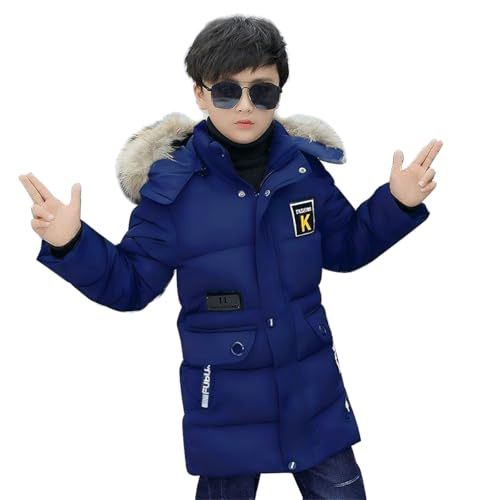 linboo Winterjacke Jungen Kinder Jacke mit Abnehmbare Fellkapuze Dicke Steppjacke Gefüttert Warme Parka Outdoor Winddicht Wintermantel, Blau, 146(Etikettengröße: 150)